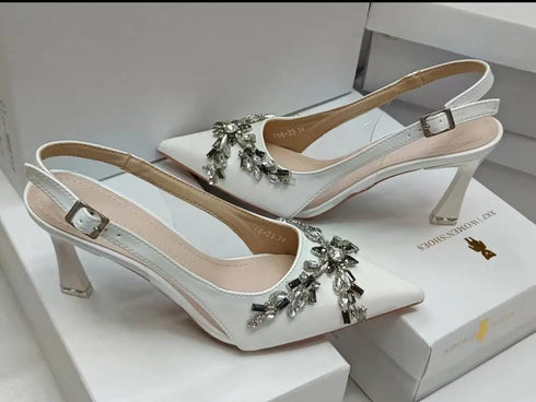 Crystal Embedded Close Toe Sling Back Heels